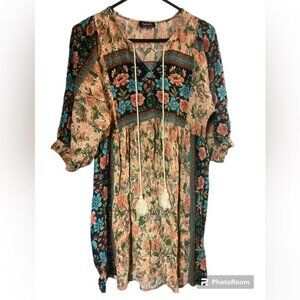 Gigio usa boho hippie floral patchwork print tassel ties Dress ladies medium